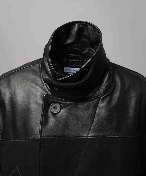 UNISEX》Sheep Leather Melton Combination Pea Coat/シープレザー