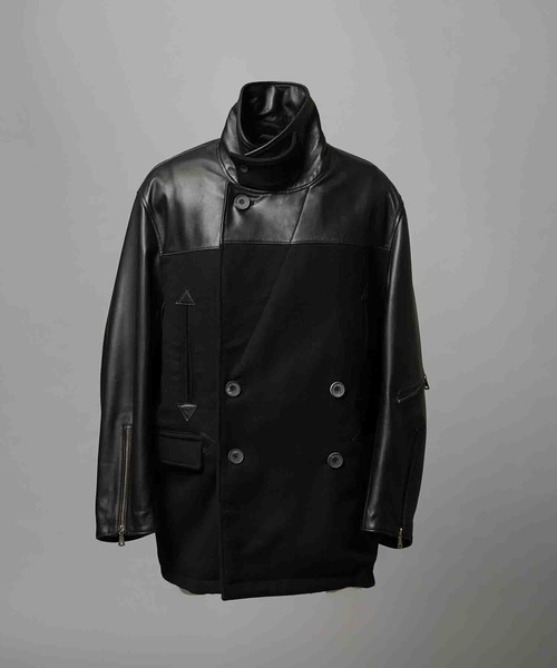 UNISEX》Sheep Leather Melton Combination Pea Coat/シープレザー