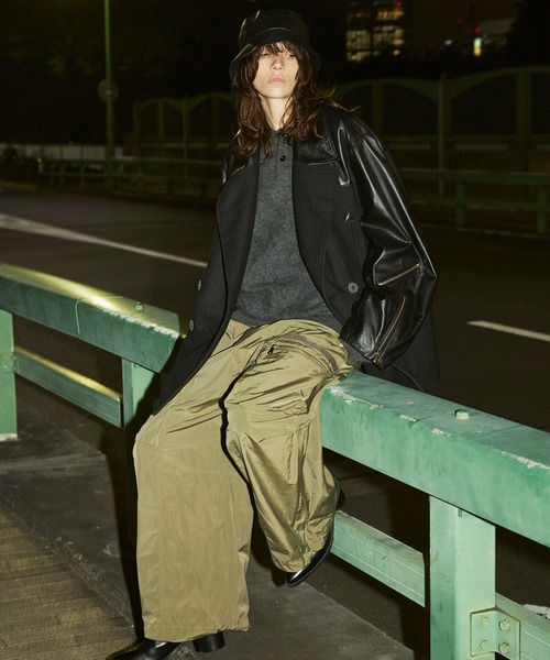 UNISEX》Sheep Leather Melton Combination Pea Coat/シープレザー