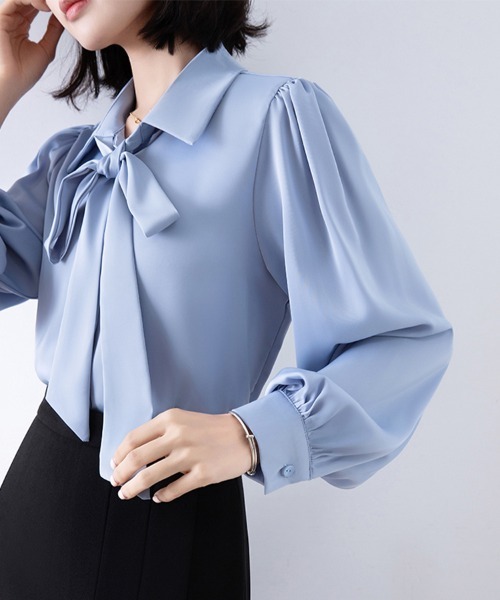 ONEP STAR(ワンピスター)の「タイデザイン×ギャザー袖ブラウス(シャツ/ブラウス・レディース・ホワイト/ブラック/ブルー・MEDIUM/LARGE/X-LARGE)」の11枚目の写真