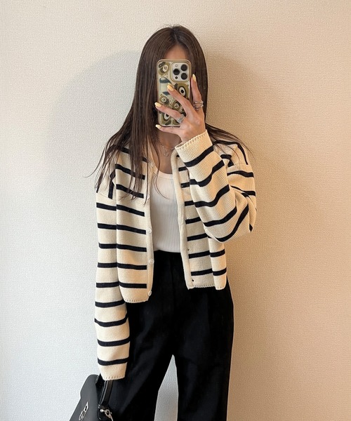 ISOOK（アイスー）の「ボーダーニットカーディガン(chiica select) / ボーダートップス 長袖 羽織り 秋冬 ミドル丈 アイボリー（カーディガン/ボレロ・レディース・アイボリー・FREE）」の6枚目の写真