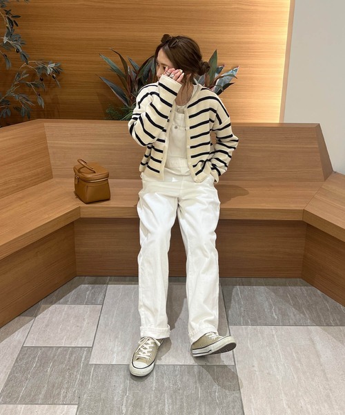 ISOOK（アイスー）の「ボーダーニットカーディガン(chiica select) / ボーダートップス 長袖 羽織り 秋冬 ミドル丈 アイボリー（カーディガン/ボレロ・レディース・アイボリー・FREE）」の12枚目の写真