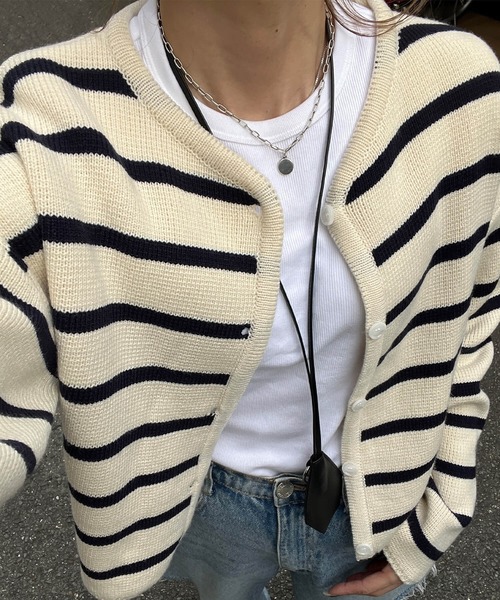 ISOOK（アイスー）の「ボーダーニットカーディガン(chiica select) / ボーダートップス 長袖 羽織り 秋冬 ミドル丈 アイボリー（カーディガン/ボレロ・レディース・アイボリー・FREE）」の15枚目の写真