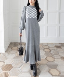 CLEAR BASIC | ブロックチェックジャガードニットロングワンピース[大人 フェミニン 上品]≪AW新作≫(ワンピース)