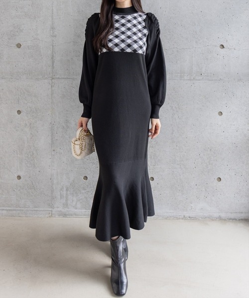 セール】ブロックチェックジャガードニットロングワンピース[大人