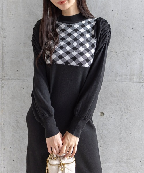 CLEAR BASIC（クリアベーシック）の「ブロックチェックジャガードニットロングワンピース[大人 フェミニン 上品]≪AW新作≫（ワンピース・レディース・ブラック/杢グレー・F）」の3枚目の写真