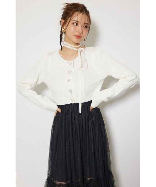 ニットカーディガンセットドットチュールフレアワンピース 秋服 冬服