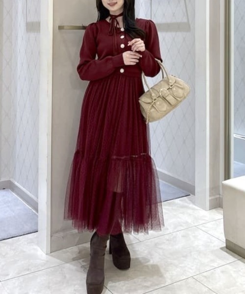 ニットカーディガンセットドットチュールフレアワンピース 秋服 冬服