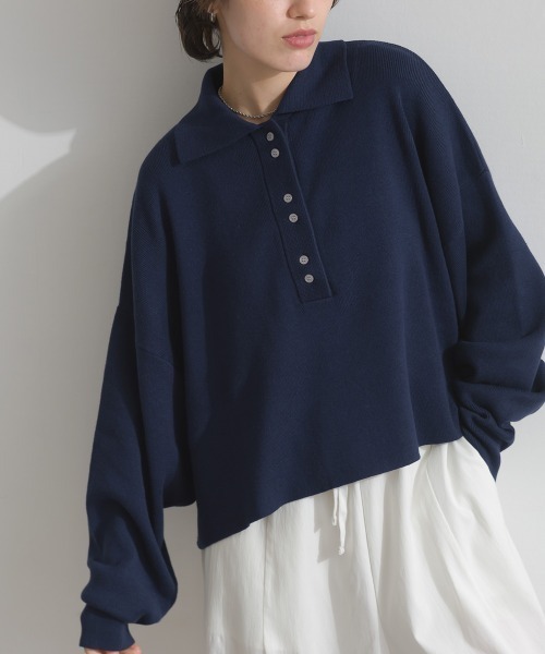 総針編みニット 袖ボリューム ポロ プルオーバー セーター（ポロシャツ