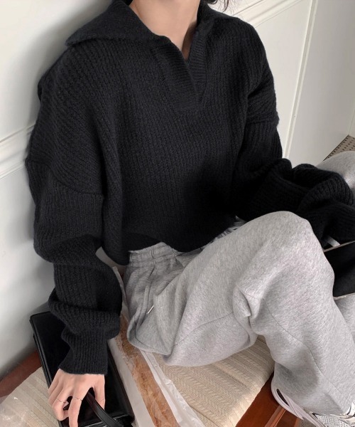 Miniministore(ミニミニストア)の「スキッパーニットvネック 襟付きセーター(ニット/セーター・レディース・ダークグレー/ベージュ/ブラック・FREE)」の8枚目の写真