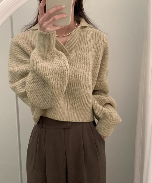 Miniministore(ミニミニストア)の「スキッパーニットvネック 襟付きセーター(ニット/セーター・レディース・ダークグレー/ベージュ/ブラック・FREE)」の12枚目の写真