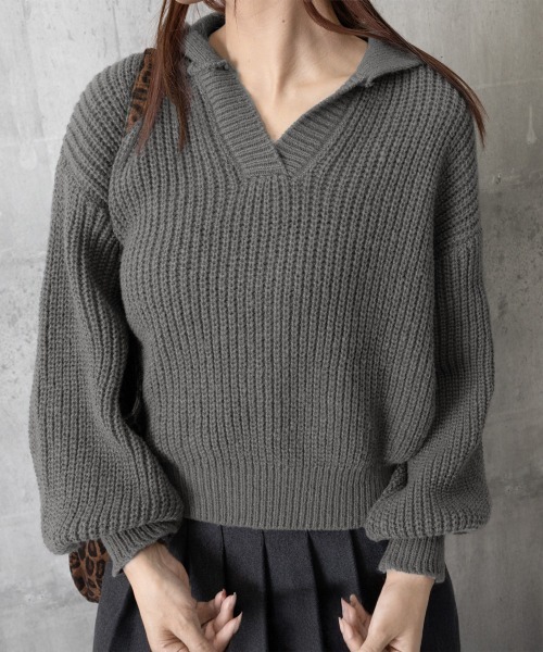 Miniministore(ミニミニストア)の「スキッパーニットvネック 襟付きセーター(ニット/セーター・レディース・ダークグレー/ベージュ/ブラック・FREE)」の16枚目の写真