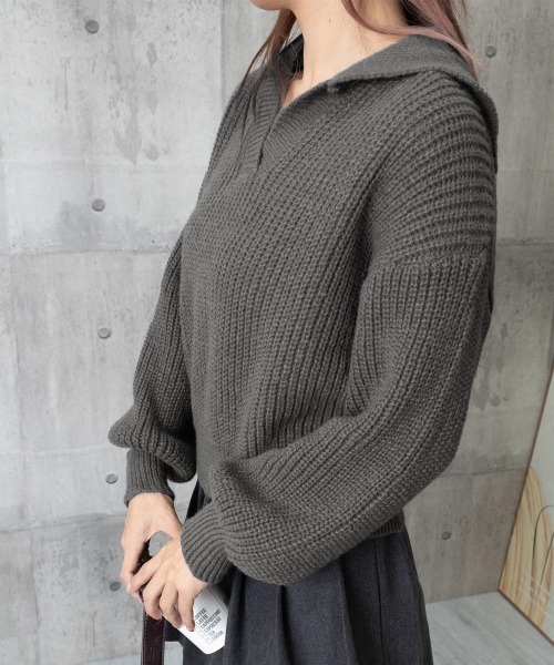Miniministore(ミニミニストア)の「スキッパーニットvネック 襟付きセーター(ニット/セーター・レディース・ダークグレー/ベージュ/ブラック・FREE)」の17枚目の写真