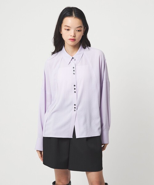 EMMEL REFINES(エメルリファインズ)の「<EMMEL REFINES>EM V/ポプリン オーバー シャツ(シャツ/ブラウス・レディース・ライラック/オフホワイト・FREE)」の4枚目の写真