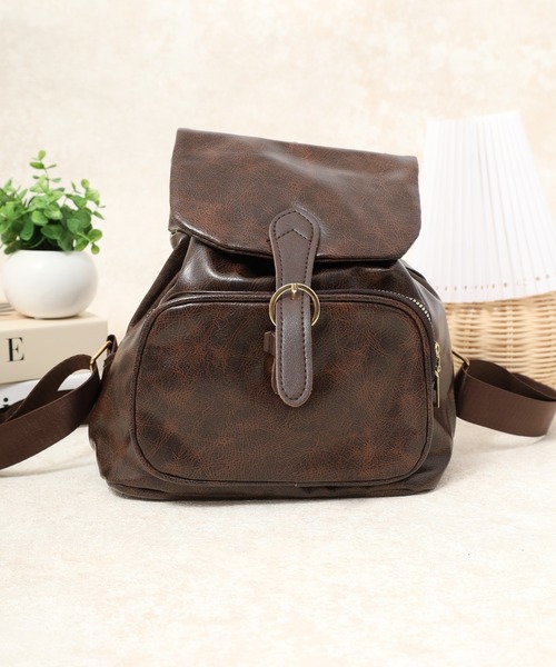 ミニリュックロゴレザーブラウン ヴィンテージ風 フェイクレザーミニリュック（バックパック/リュック
