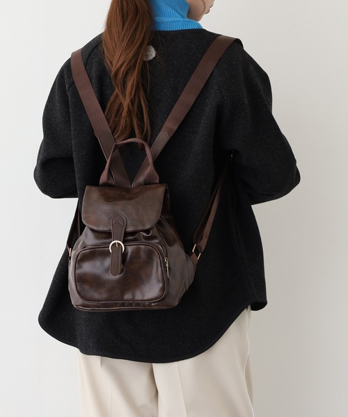 ミニリュックロゴレザーブラウン ヴィンテージ風 フェイクレザーミニリュック（バックパック/リュック