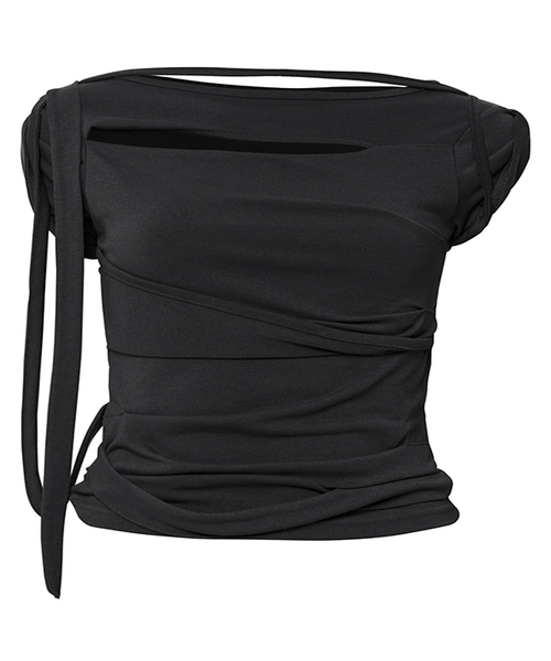 FLAREUP(フレアアップ)の「Asymmetrical Draped Strap Roll-Up T-Shirt (FL-170_Black)(Tシャツ/カットソー・レディース・ブラック・OS)」の1枚目の写真