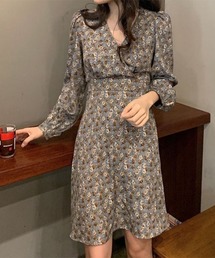 【i-dare】 花柄 長袖 カシュクール ミニ丈 ワンピース