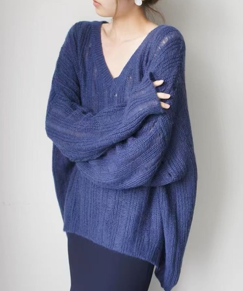AsheKsha(アシクシャ)の「【新作】レトロで優しい風合いの透かし編みニットプルオーバー(ニット/セーター・レディース・レッド/ダークグレー/オレンジ/パープル/アイボリー/ブルー・M)」の4枚目の写真