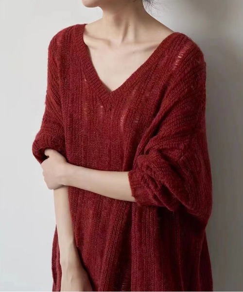 AsheKsha(アシクシャ)の「【新作】レトロで優しい風合いの透かし編みニットプルオーバー(ニット/セーター・レディース・レッド/ダークグレー/オレンジ/パープル/アイボリー/ブルー・M)」の7枚目の写真