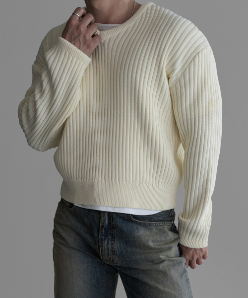 Ribbed Crop V-Neck Knit [Cream]