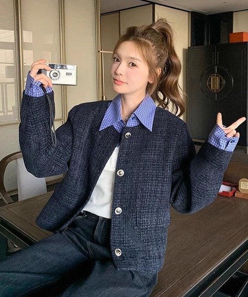 チェック柄シャツ ドッキング ツイードジャケット（その他アウター