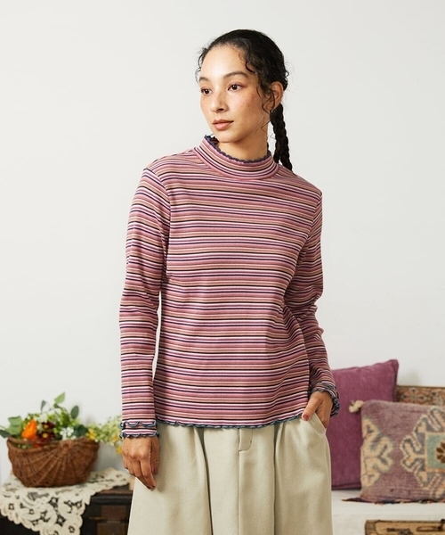 Jocomomola（ホコモモラ）の「Dentado ボーダーハイネックカットソー（Tシャツ/カットソー・レディース・ピンク/グリーン・40）」の2枚目の写真