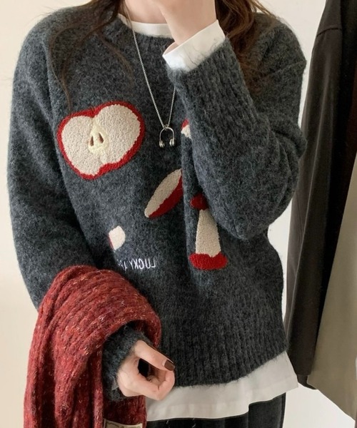 SHOUYO（ショウヨウ）の「りんごモチーフふわもこニット／オフホワイト・グレー・ダークグレー（ニット/セーター・レディース・オフホワイト/グレー/ダークグレー・M）」の8枚目の写真