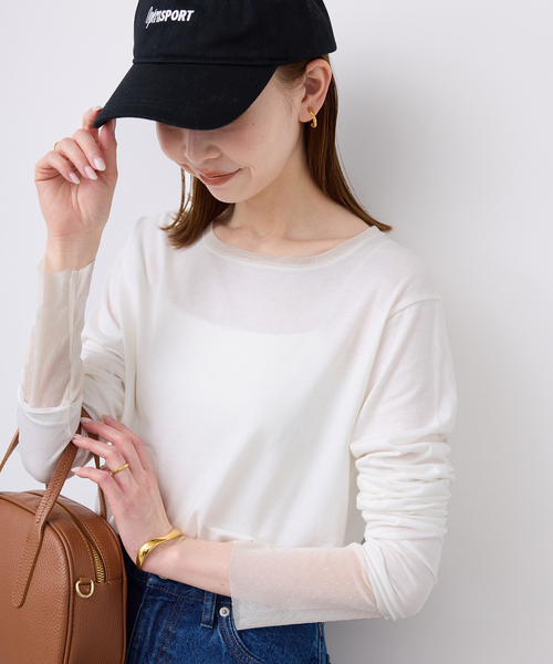 SLOBE IENA(スローブイエナ)の「《追加4》レイヤードフロッキードットスリーブロンTEE(Tシャツ/カットソー・レディース・ホワイト/ブラック・FREE)」の1枚目の写真