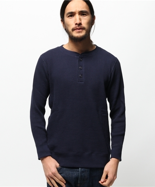 Abiding Aim(アバイディングエイム)の「【JEMORGAN】ビッグワッフル長袖ヘンリーネック(Tシャツ/カットソー・メンズ・トップグレー/ネイビー/カーキ/ホワイト/ブラック・L/M/XL)」の5枚目の写真