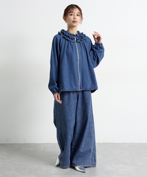 フリルカラー甘織りデニムシャツブルゾン《CLIP denim》（ブルゾン