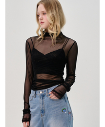 Sorry,Too Much Love（ソーリートゥーマッチラブ）の「袖シャーリングシースルータートルネックトップ_ブラック（Tシャツ/カットソー）」