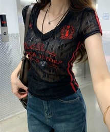 【26年春夏新作】サイドラインデザインゲームシャツ風総レースVネックTシャツ 半袖T