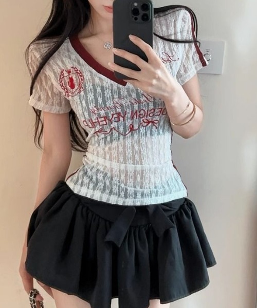 SHEPP(シープ)の「【26年春夏新作】サイドラインデザインゲームシャツ風総レースVネックTシャツ 半袖T(Tシャツ/カットソー・レディース・ホワイト/ブラック・M/L)」の17枚目の写真