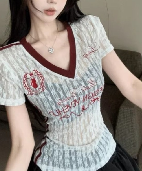 SHEPP(シープ)の「【26年春夏新作】サイドラインデザインゲームシャツ風総レースVネックTシャツ 半袖T(Tシャツ/カットソー・レディース・ホワイト/ブラック・M/L)」の8枚目の写真