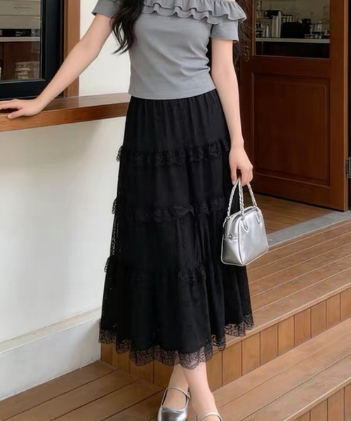 shopnikoniko(ショップニコニコ)の「ロングスカート 白 黒 フラワー レース フリル ティアード スカート(スカート・レディース・ホワイト/ブラック・フリー)」の2枚目の写真