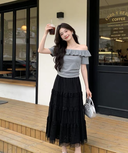shopnikoniko(ショップニコニコ)の「ロングスカート 白 黒 フラワー レース フリル ティアード スカート(スカート・レディース・ホワイト/ブラック・フリー)」の13枚目の写真
