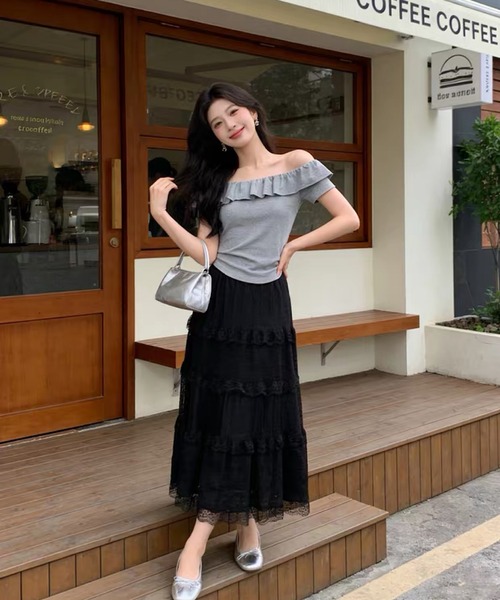 shopnikoniko(ショップニコニコ)の「ロングスカート 白 黒 フラワー レース フリル ティアード スカート(スカート・レディース・ホワイト/ブラック・フリー)」の12枚目の写真
