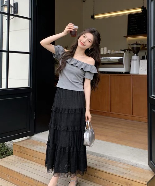 shopnikoniko(ショップニコニコ)の「ロングスカート 白 黒 フラワー レース フリル ティアード スカート(スカート・レディース・ホワイト/ブラック・フリー)」の11枚目の写真