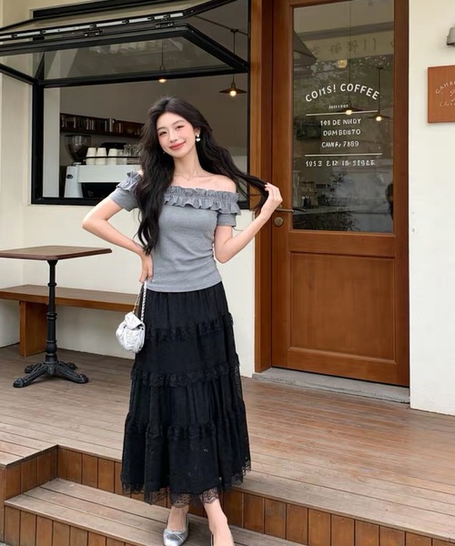 shopnikoniko(ショップニコニコ)の「ロングスカート 白 黒 フラワー レース フリル ティアード スカート(スカート・レディース・ホワイト/ブラック・フリー)」の10枚目の写真