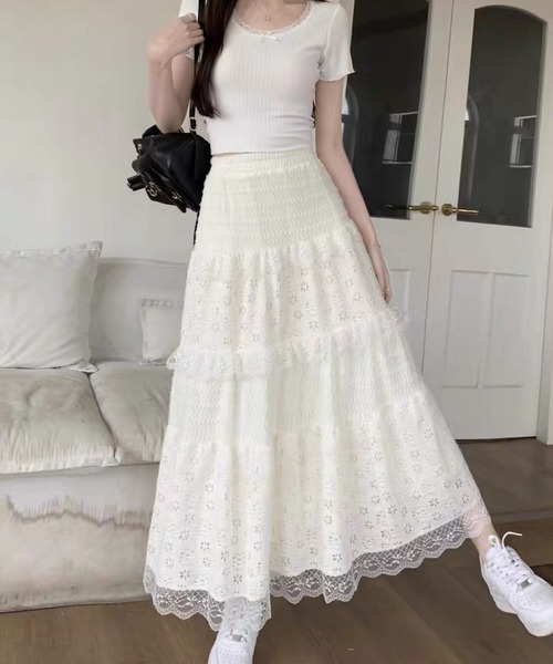 shopnikoniko(ショップニコニコ)の「ロングスカート 白 黒 フラワー レース フリル ティアード スカート(スカート・レディース・ホワイト/ブラック・フリー)」の17枚目の写真
