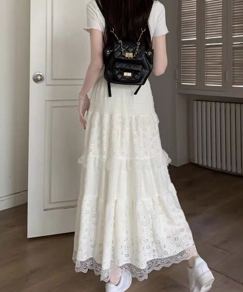shopnikoniko(ショップニコニコ)の「ロングスカート 白 黒 フラワー レース フリル ティアード スカート(スカート・レディース・ホワイト/ブラック・フリー)」の16枚目の写真