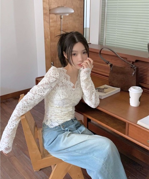 almo(アルモ)の「【TUNE】レースリブカットソー(Tシャツ/カットソー・レディース・ホワイト/ブラック・FREE)」の9枚目の写真
