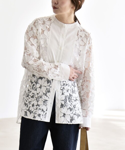 quaranciel(カランシエル)の「quaranciel:〈手洗い可能〉デニム フラワー レース バンドカラー シャツ(シャツ/ブラウス・レディース・オフホワイト/ネイビー・ONE SIZE)」の12枚目の写真
