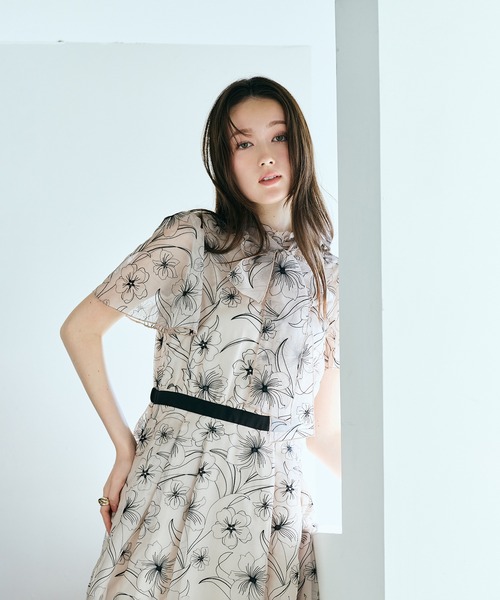 Audie a Muses(オーディアミューズ)の「シアー刺繍バイカラーワンピース(ワンピース・レディース・ブラック/ベージュ・36/38/40/42)」の4枚目の写真