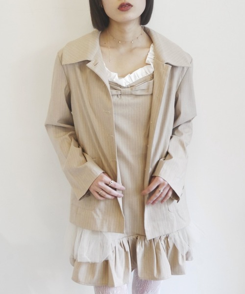 HONEY MI HONEY（ハニーミーハニー）の「pinstripe tulle docking jacket（テーラードジャケット・レディース・ベージュ/グレー/ブラック・FREE）」の3枚目の写真