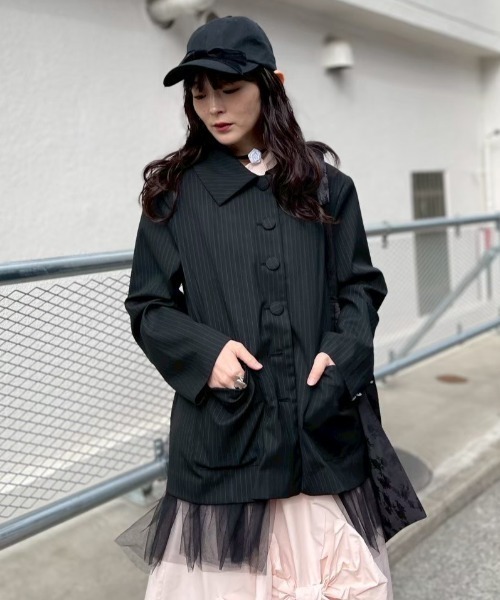 HONEY MI HONEY（ハニーミーハニー）の「pinstripe tulle docking jacket（テーラードジャケット・レディース・ベージュ/グレー/ブラック・FREE）」の12枚目の写真