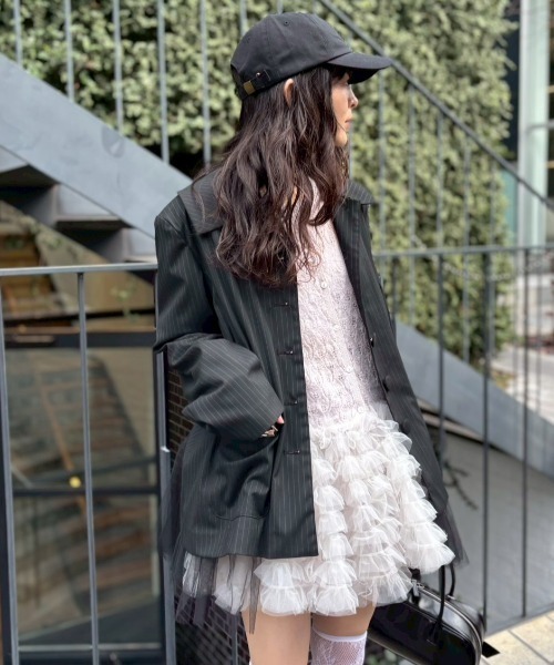 HONEY MI HONEY（ハニーミーハニー）の「pinstripe tulle docking jacket（テーラードジャケット・レディース・ベージュ/グレー/ブラック・FREE）」の7枚目の写真