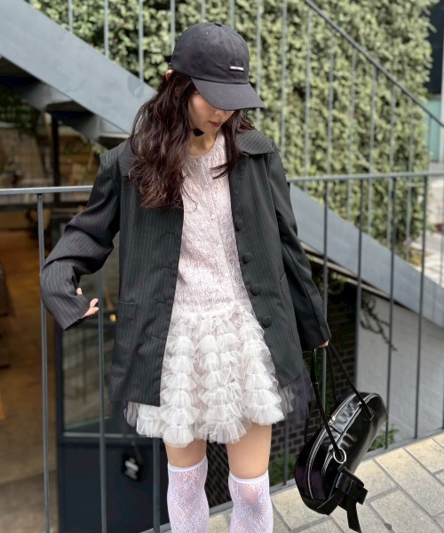 HONEY MI HONEY（ハニーミーハニー）の「pinstripe tulle docking jacket（テーラードジャケット・レディース・ベージュ/グレー/ブラック・FREE）」の6枚目の写真