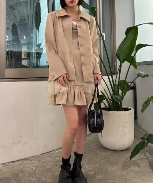 HONEY MI HONEY（ハニーミーハニー）の「pinstripe tulle docking jacket（テーラードジャケット・レディース・ベージュ/グレー/ブラック・FREE）」の4枚目の写真